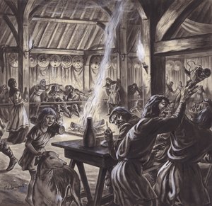 Et festmåltid i en angelsaksisk teatersal (gouache på papir) af C.L. Doughty