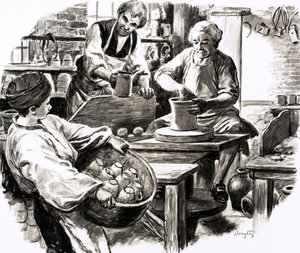 Josiah Wedgwood blev udlært i familiens keramikvirksomhed (gouache på papir) af C.L. Doughty