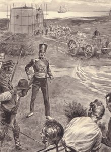 Martellotårne bliver bygget i forventning om Napoleons invasion af England (gouache på papir) af C.L. Doughty