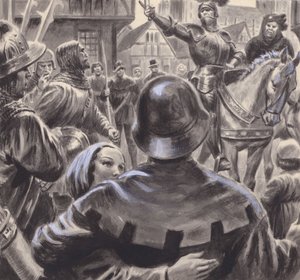 Adelsmænd, der skændtes, rekrutterede hære blandt de arbejdsløse tidligere soldater, der strømmede til England efter Hundredårskrigens afslutning i 1453 (gouache på papir). af C.L. Doughty