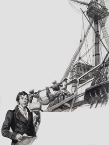 Raffles forlader Singapore (gouache på papir) af C.L. Doughty