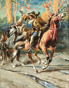 The Exploits of a Highwayman (gouache på papir) Efter hvert af sine røverier så William Page ud til at være i stand til at komme videre - indtil den næste af hans dristige eskapader; hans succesrige løbebane blev stoppet i et røveriforsøg på Great North Ro af C.L. Doughty