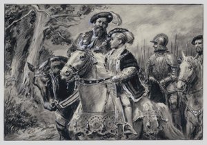 Lord Protector, hertugen af Somerset, fører den unge kong Edward VI til Windsor (gouache på papir)