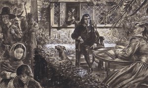 Digteren John Milton i sin have med sine døtre (gouache på papir)