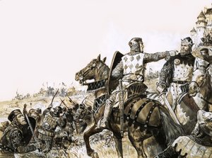 Uidentificeret kampscene med soldat, der peger på kongen af C.L. Doughty