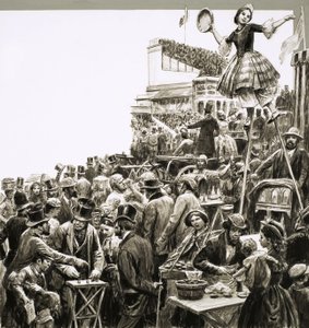 Uidentificeret scene med gadeartister og gøglere af C.L. Doughty