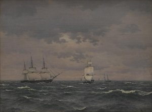 Et Corvette Reefing sejler i en opfriskende Vind og nogle andre Skibe af Christoffer Wilhelm Eckersberg