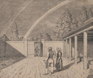 Et par samtaler i en staldgård, med en dobbelt regnbue over hovedet, fra 