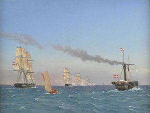 Christian VIII ombord på sit dampskib "Ægir" ser på en eskadrons manøvrer nær København af Christoffer Wilhelm Eckersberg