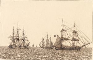 En fregat ligger for anker. Illustration til "Linearperspectiven", Tavle IXb af Christoffer Wilhelm Eckersberg