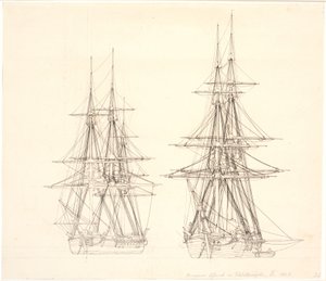 En korvet og en brig til ankers. af Christoffer Wilhelm Eckersberg