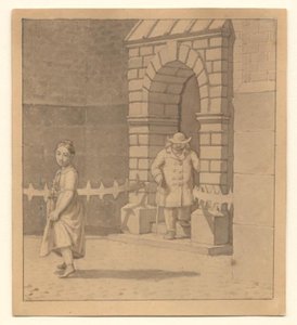 Gadebillede med en ung pige der løfter lidt op i kjolen; i baggrunden en ældre mand med en stok af Christoffer Wilhelm Eckersberg