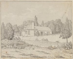 Jean Jacques Rousseaus hus i paladshaven ved Ermenonville af Christoffer Wilhelm Eckersberg