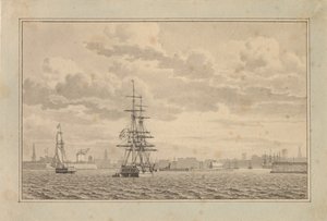 København set fra Yderhavnen med en Brig til ankers og en sejlende slup. af Christoffer Wilhelm Eckersberg