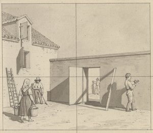 Linearperspectiven, anvendt paa malerkunsten - udkast til ikke anvendt illustration - Dansk gårdsplads med fire bønder og håndværkere. af Christoffer Wilhelm Eckersberg