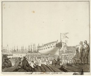 Linieskibet Prins Christian Frederik løber af stabelen af Christoffer Wilhelm Eckersberg