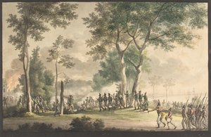 Livjægernes udfald i Classens have 31.august 1807. af Christoffer Wilhelm Eckersberg