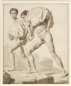 Moses deler vandene og faraos hær er opslugt - Studie for to israelitter på vandring, lastet med bagage af Christoffer Wilhelm Eckersberg