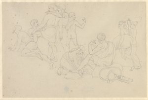 Moses lader Det røde Hav træde tilbage og Faraos hær oversvømme - studie til israelitter efter vandringen gennem Det røde Hav af Christoffer Wilhelm Eckersberg