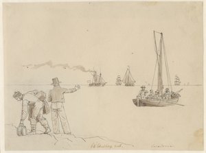 Passagerer sættes ud til Dampskibet Caledonia. af Christoffer Wilhelm Eckersberg
