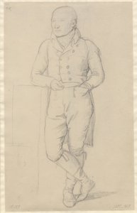 Portræt af en stående mand, med korslagte ben, støttet mod en sofa af Christoffer Wilhelm Eckersberg
