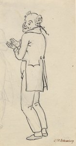 Satirisk blad; en smilende mand, set fra siden, med begge hænder op foran brystet, samt del af et let blyant rids [afskåret] af Christoffer Wilhelm Eckersberg