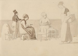 Scene fra en gård eller kaj i Paris. Fire siddende, stående og gående figurer. af Christoffer Wilhelm Eckersberg