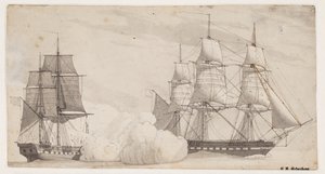 To orlogsskibe i kamp (den engelske fregat Shannon og den amerikanske fregat Chesapeak?) af Christoffer Wilhelm Eckersberg