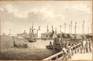 Udsigt fra Langelinie mod Nyholm, t.h. flådens leje af Christoffer Wilhelm Eckersberg