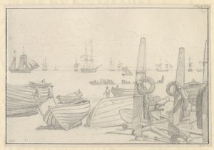 Udsigt fra stranden syd for Helsingør mod vagtskibet, briggen "Falster". af Christoffer Wilhelm Eckersberg