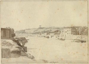 Udsigt over Tiberen mod Porto di Ripa Grande og Porta Portese set fra breden neden for Monte Aventino, Rom. af Christoffer Wilhelm Eckersberg