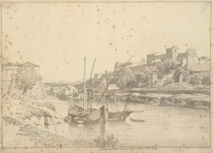 Udsigt over Tiberen ved Porto di Ripa Grande uden for Porta Portese mod Marmorata og kirkerne på Monte Aventino, Rom af Christoffer Wilhelm Eckersberg