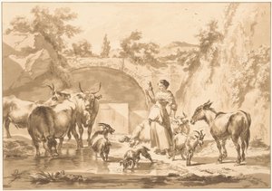 Spindende hyrdinde med flok af C. Dietrich (prentmaker) (possibly)
