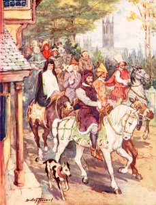 Chaucer rider til Canterbury med pilgrimmene (farve litho) af C. Dudley Tennant