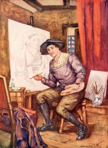 Hans Holbein på arbejde i sit atelier (farve litho)