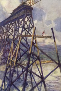 Stålsætning af Battle River Viaduct af Grand Trunk Pacific Railway, Canada (farve litho)