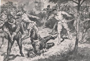 Admiralen, efterfulgt af hans parti, løb hovedkulds mod Vera Cruz Guard, illustration fra 
