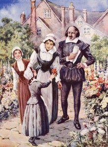 William Shakespeare, med sin kone og to døtre, i haven ved New Place, Stratford-upon-Avon (farve litho)