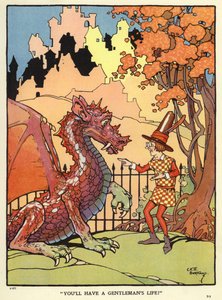 Mand forudsiger en drages fremtid (farve litho) af C. E. B. Bernard