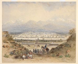 En general gennemgående kavaleri og infanteri, som er ved at gå ind i en bymuret by i et bjergrigt land, måske Kandahar (N.W.F.P.). 1843, efter en tidligere skitse. af C. Graham
