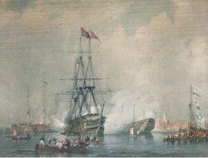 H M S Victory affyrer en kongelig hilsen ved Portsmouth Harbour, fra British Adventure udgivet af Collins, 1947 af C. J. M. Whichello