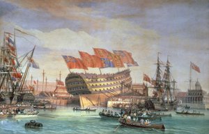 Lanceringen af HMS "Trafalgar" i Chatham, juli 1820