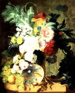 Stilleben med blomster og fiskeskål (olie på panel) af C. Kuipers
