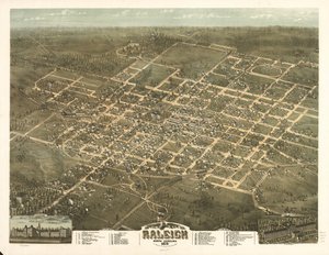 Fugleperspektiv af byen Raleigh, North Carolina 1872. af C. N. Drie