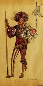 An Armoured Courtier, kostumedesign til As You Like It, produceret af R.Courtneidge på Princes Theatre, Manchester af C. Wilhelm