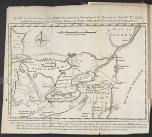 Et kort over de fem nationers land, tilhørende provinsen New York; og af de søer, i nærheden af hvilke nationerne af fjerne indianere bor, med en del af Canada af Cadwallader Colden