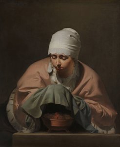 En ung kvinde varmer sine hænder over en brazier: Allegory of Winter En ung kvinde, der varmer sine hænder, muligvis en allegori om vinteren