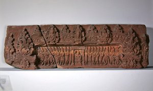 Overligger, der skildrer myten om oprindelsen af Linga og kroning af en konge, 2. - 7. århundrede (sandsten)