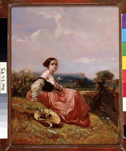 Ung pige i hatten foran Sainte Mountain Victoire-maleriet af Camille Roqueplan (1803-1855) Dim. 18x23 cm Obligatorisk omtale: Samlingsfondens hilsen Provence, Marseille