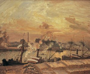 Aflæsning af træ, Quai de la Bourse, solnedgang, 1898. af Camille Jacob Pissarro